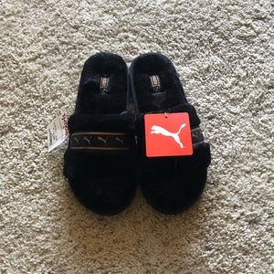 Puma Black Faux Fur and Rose Gold Slides